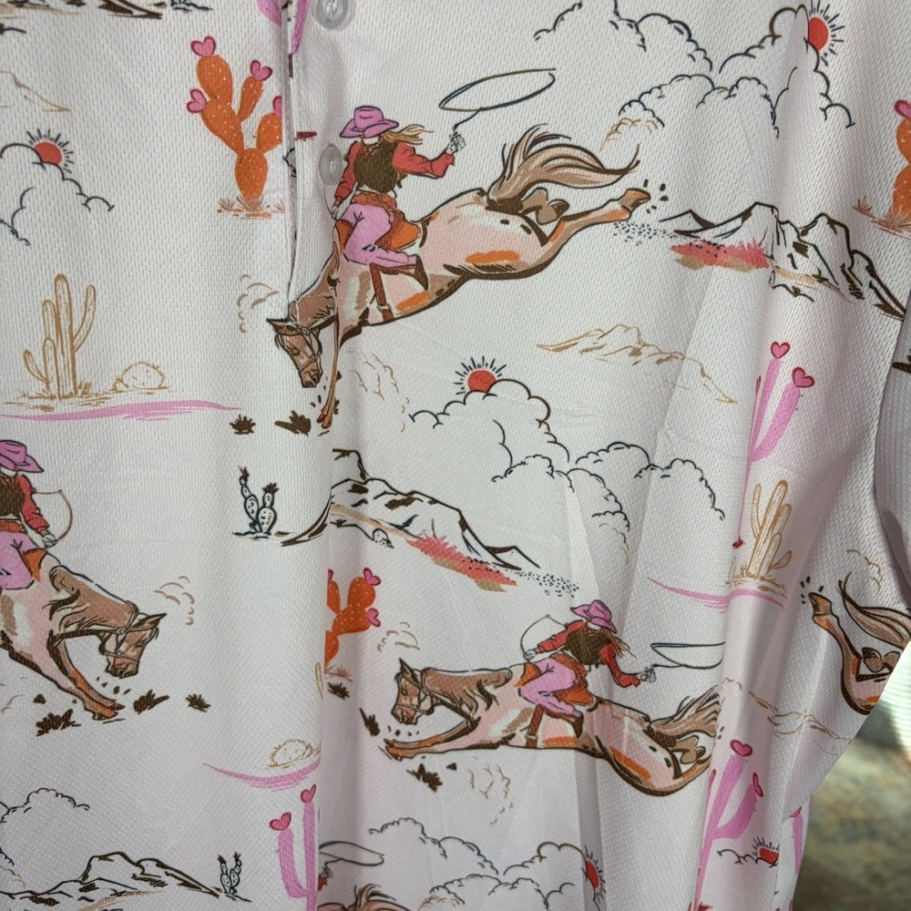 Hivichi Men's XL Western Cowgirl Print Polo Golf Shirt Pink - Picture 4 of 11